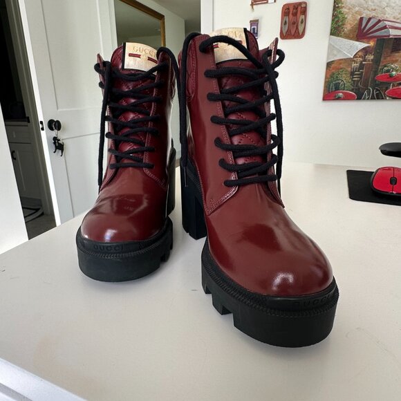 Gucci Red Quilted Lace Up Ankle Combat Boots NEW - Picture 4 of 14